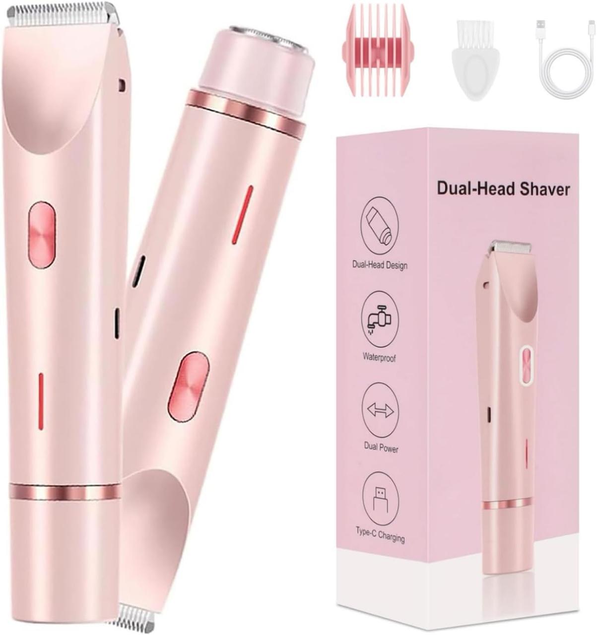 2 in 1 Electric Lady Shaver, Dual Head Bikini Trimmer for Women Shaver, Comfort Electric Shaver for Underarm Leg Arm Body Face Hair, Pink