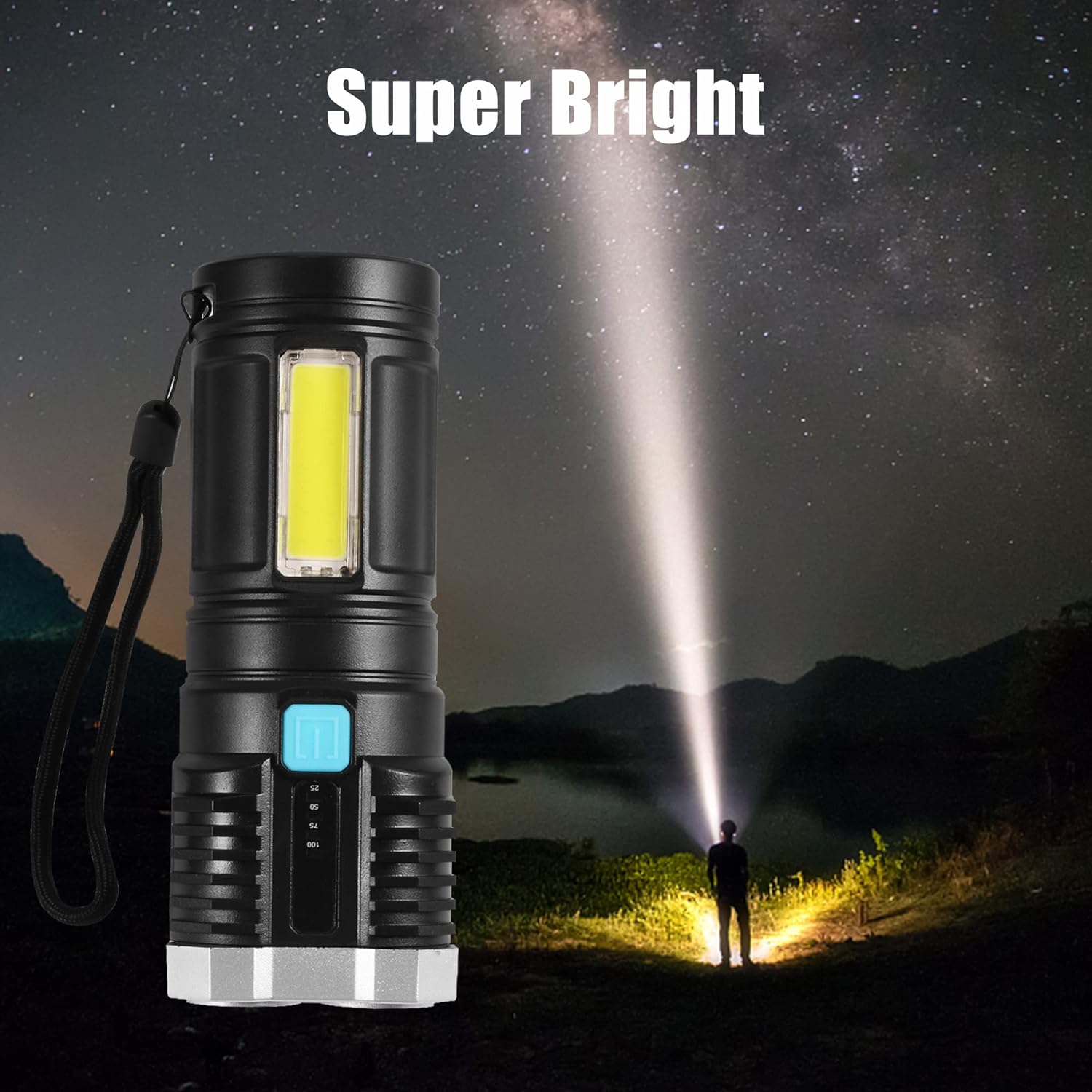 Multifunctional Strong 4 Led Torch Light Portable Rechargeable Flashlight Long Distance Beam Range 800 Lumens Cob Light 4 Mode Emergency For Hiking Walking Camping (4 Led Torch)