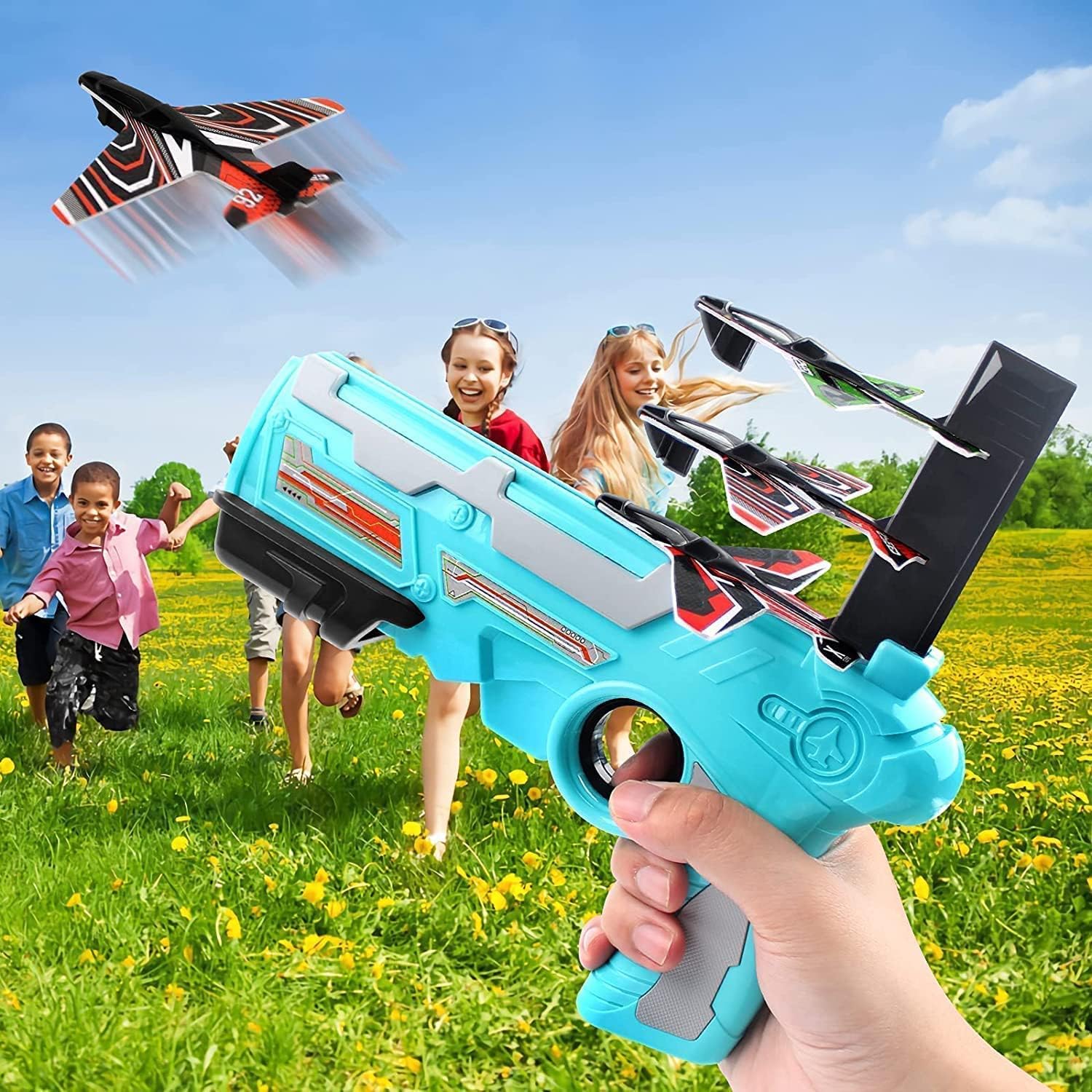 Airplane Launcher Gun Toy With Foam Glider Planes Outdoor Games For Children Best Aeroplane Toys For Kids Air Battle Gun Toys  ( 5 Plane Include )