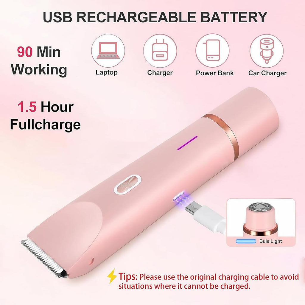 2 in 1 Electric Lady Shaver, Dual Head Bikini Trimmer for Women Shaver, Comfort Electric Shaver for Underarm Leg Arm Body Face Hair, Pink