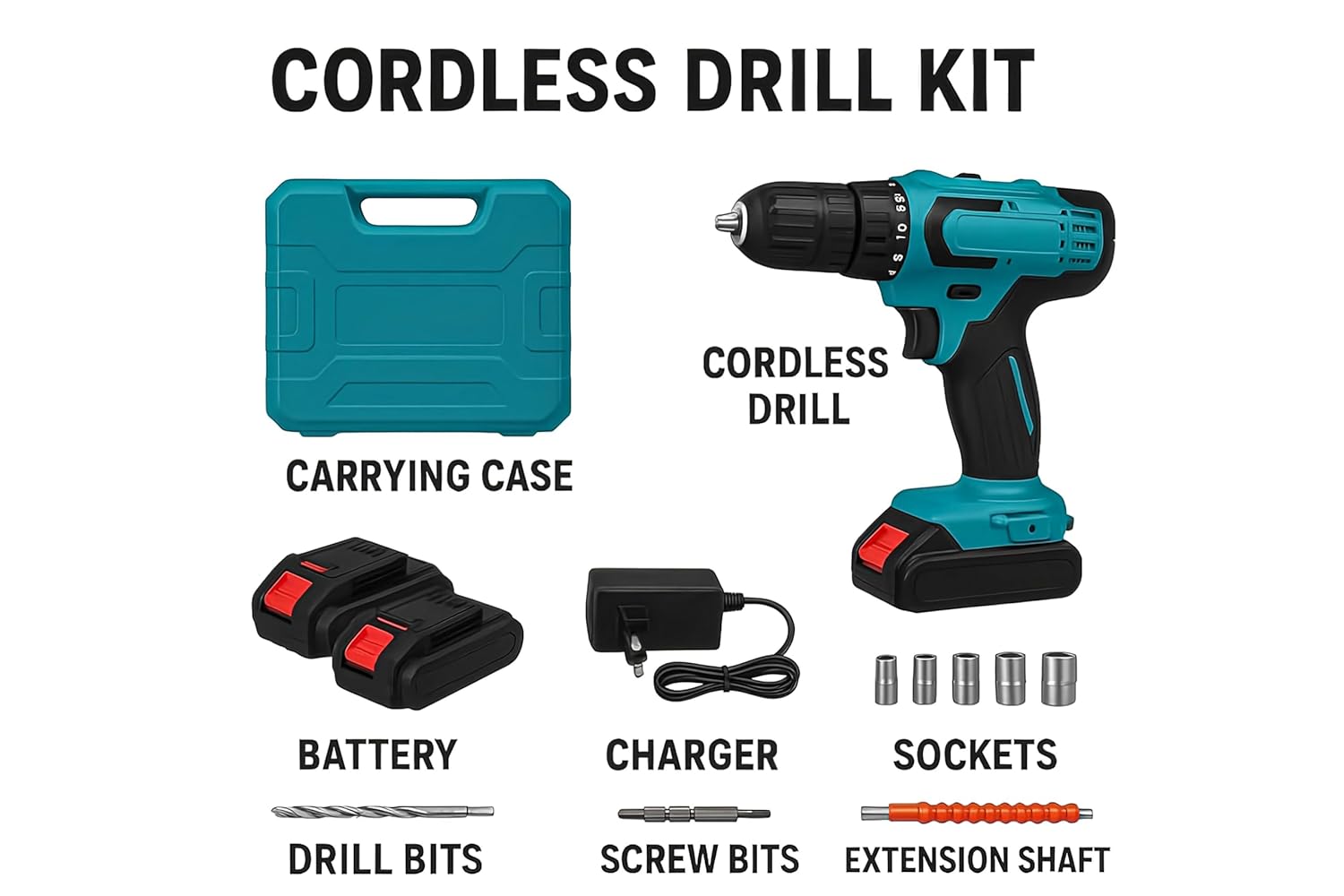 48V Cordless
Drill Machine Kit with 2
Li-Ion Batteries | Dual
Speed Electric Impact
Driver with Keyless
Chuck, LED Light &
Multiple Bits for Wood,
Metal & Wall.