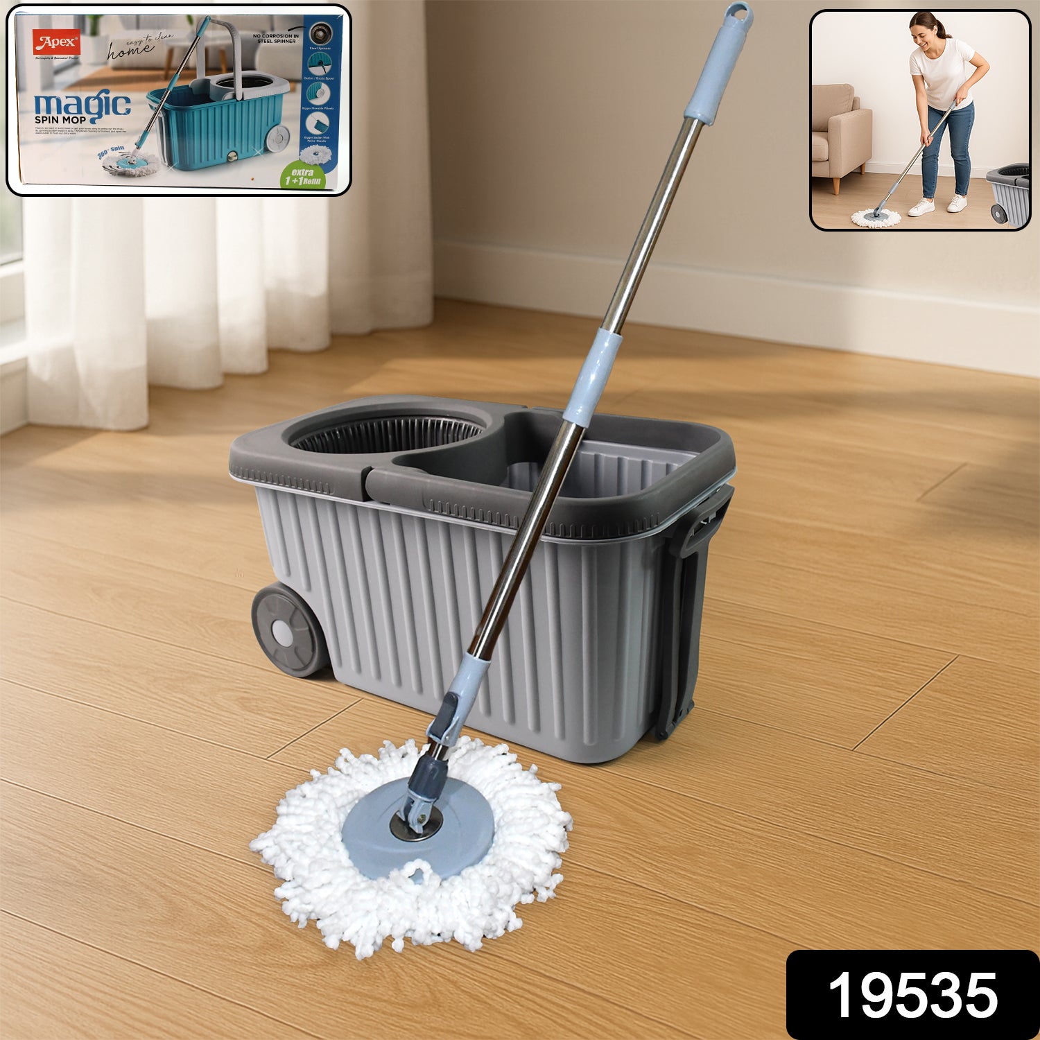 Apex Magic Spin Mop Cleaning Set With Dual Chamber Bucket  Wheels